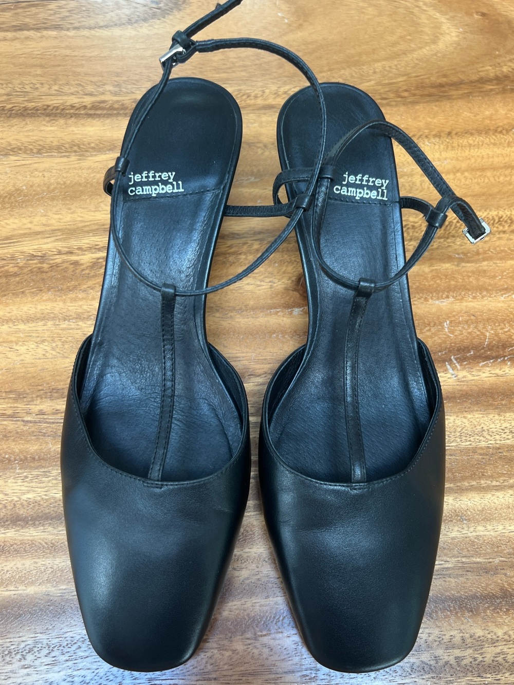 Jeffrey Campbell Black Leather T-Strap Square-Toe Heels
